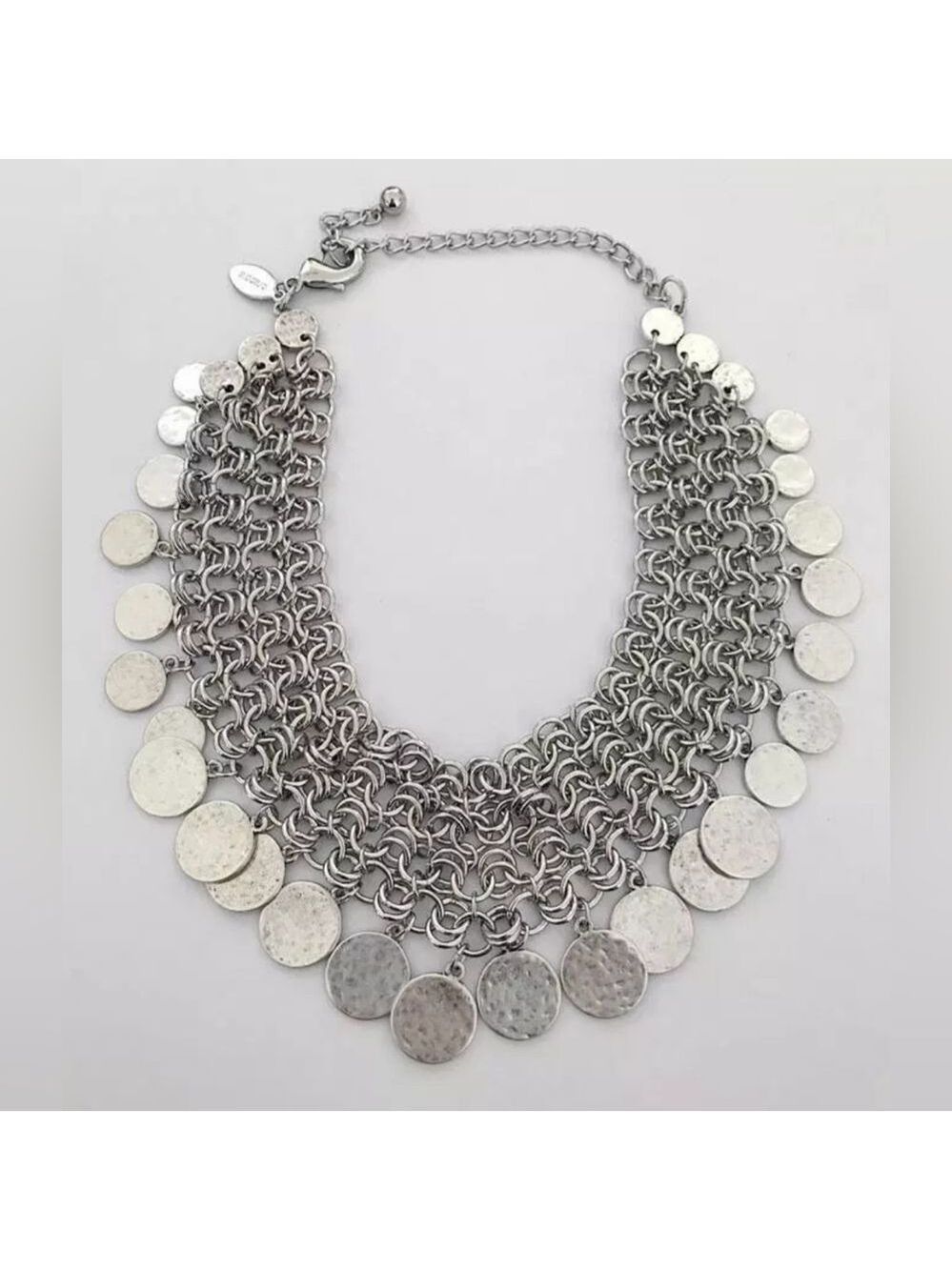 Chico Silver Tone Chainmail Disc  Statement Necklace Nickel Free 12"-16" NWOT